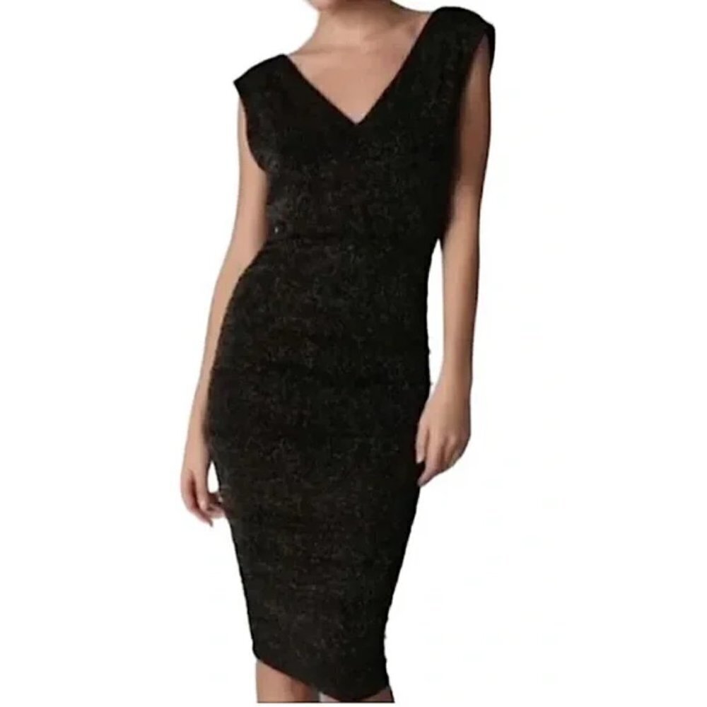 Alice + Olivia Dress Slinky Ruched Sleeveless Black Gold Sparkle Cocktail Dress